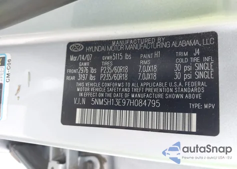 2007 Hyundai Santa Fe Limited/Se из США, поврежденный, VIN 5NMSH13E97H084795